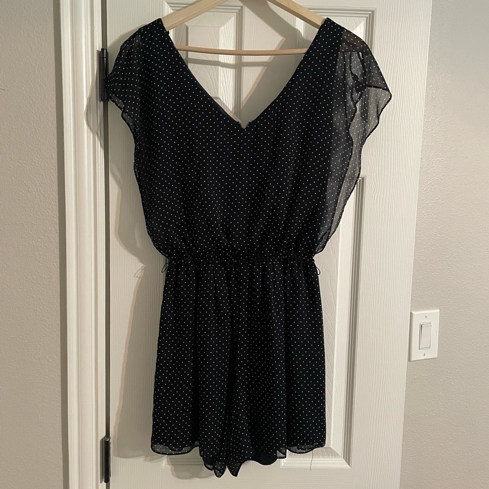 Giani Bini polka dot zip up romper Navy and white sheer and silk lining